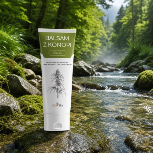 Balsam z konopi Gorvita w tubce na kamieniu nad górskim potokiem